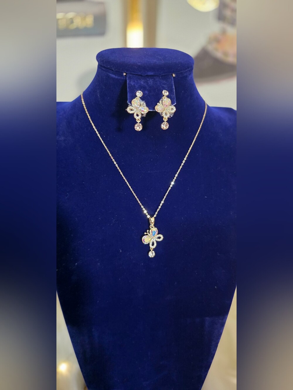 Elegant ButterflyPendant Necklace and Earring Set - Gold with Multicolor Accents